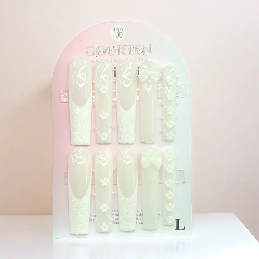 Y136 White Ballet GOURTEN 2XL Long Square 55mm Length Handmade 10 Pieces Press On Nails