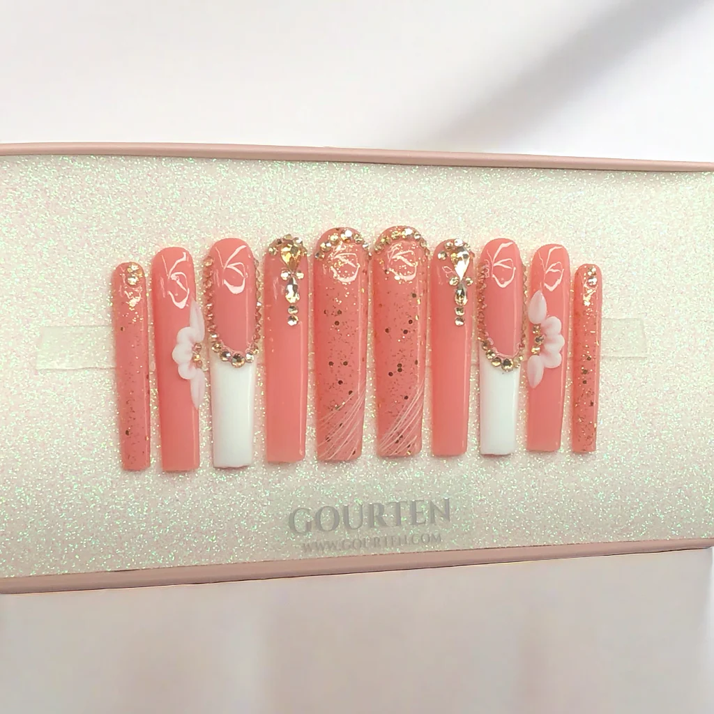 Y139 Gold Line GOURTEN 2XL Long Square 55mm Length Handmade 10 Pieces Press On Nails