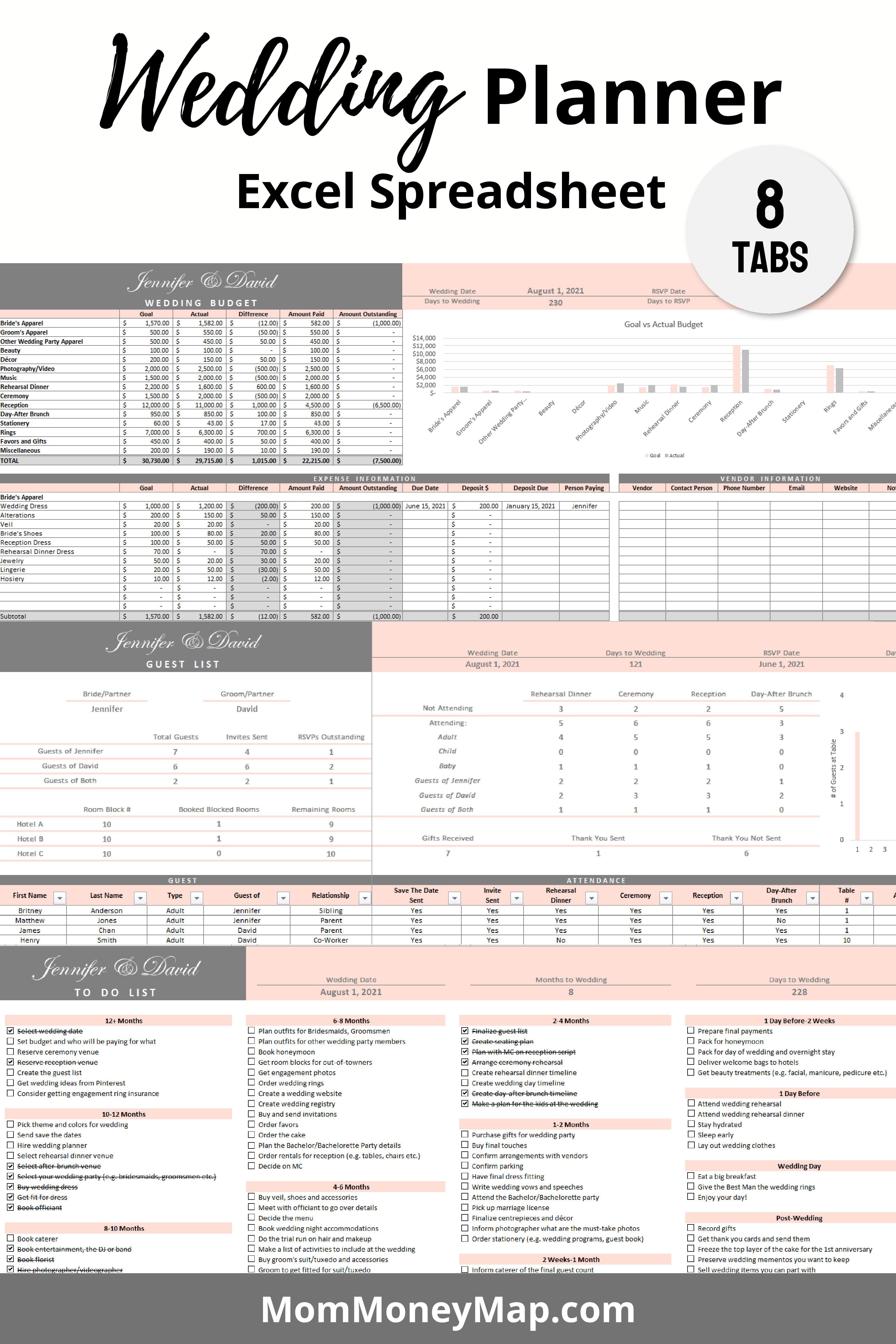 Wedding Planner Excel Spreadsheet - Pink