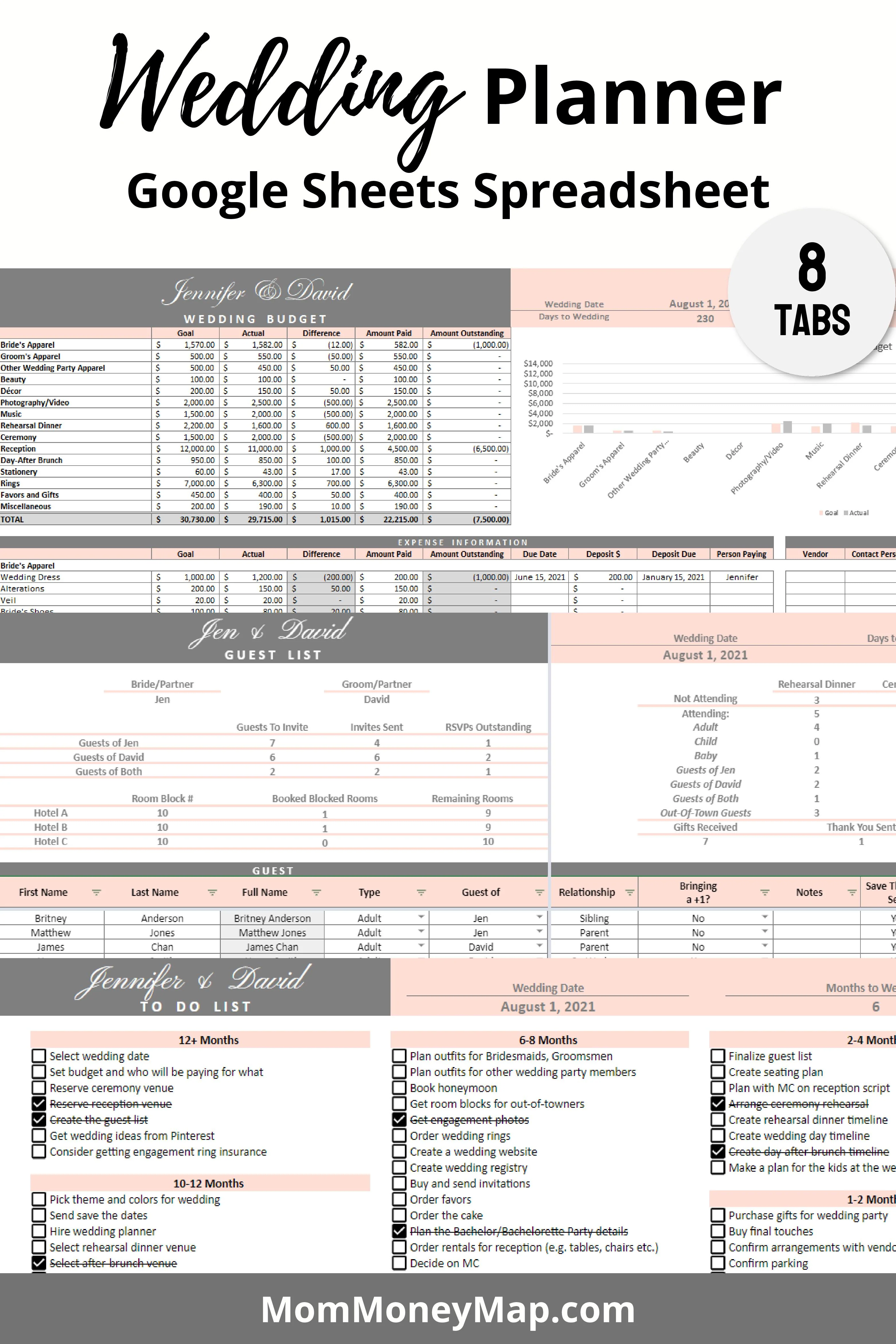 Wedding Planner Google Sheets Spreadsheet - Pink