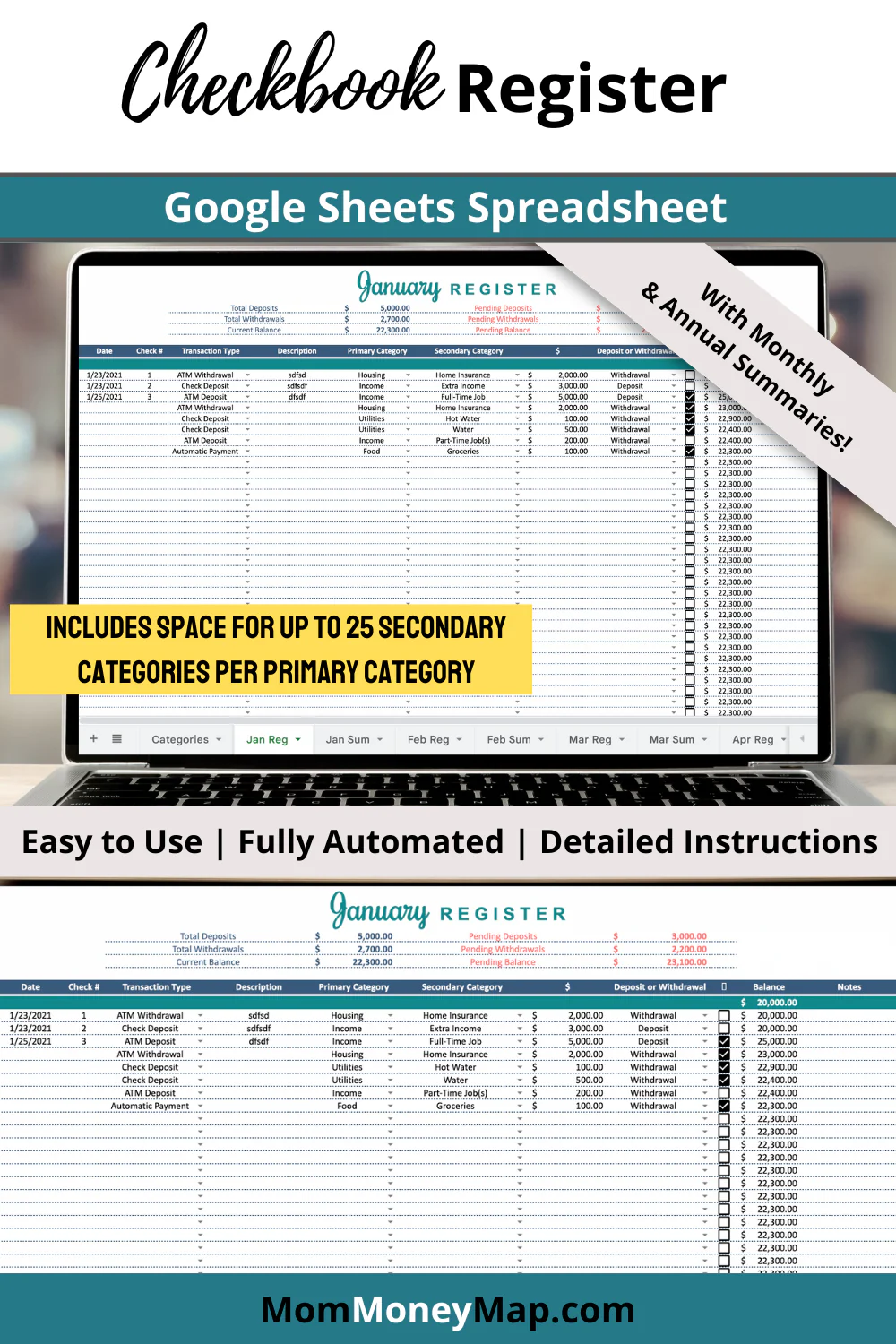 Checkbook Register Google Sheets Spreadsheet with Monthly and Annual Summaries and Extra Categories