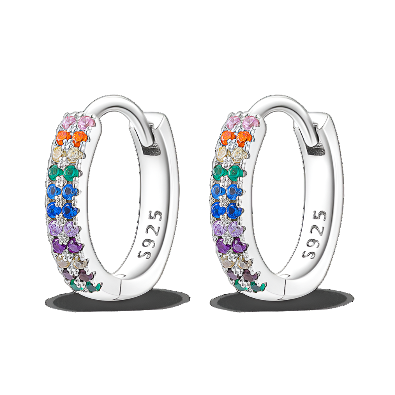 Sterling Silver Multi-Colored Stone Hoop Earrings - Elegant Rainbow Huggie Hoops