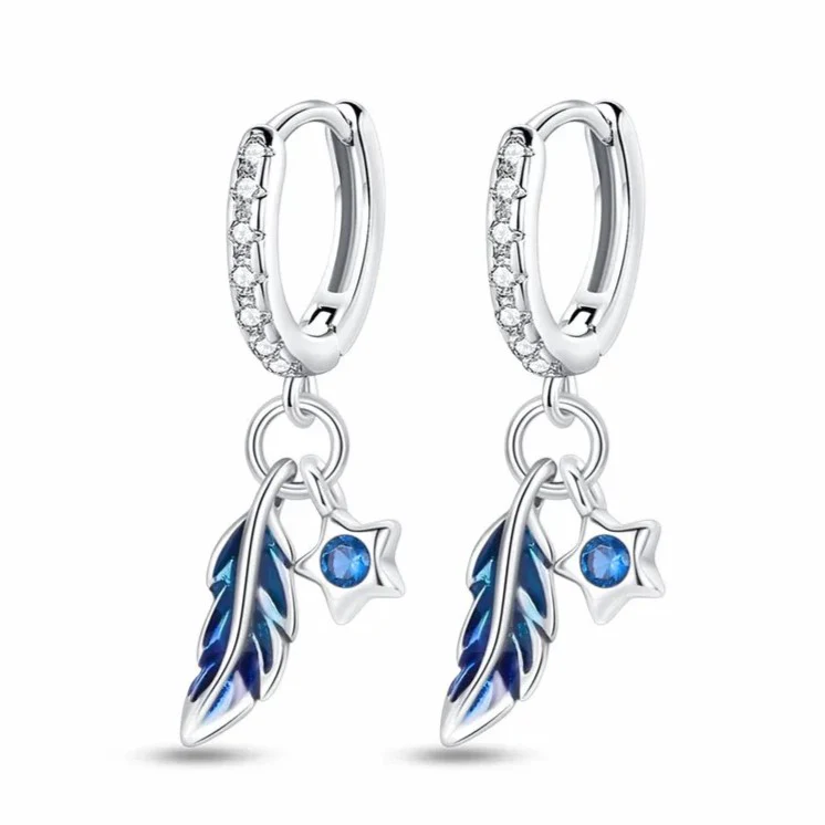 Blue Feather and Star Dangle Earrings in Sterling Silver