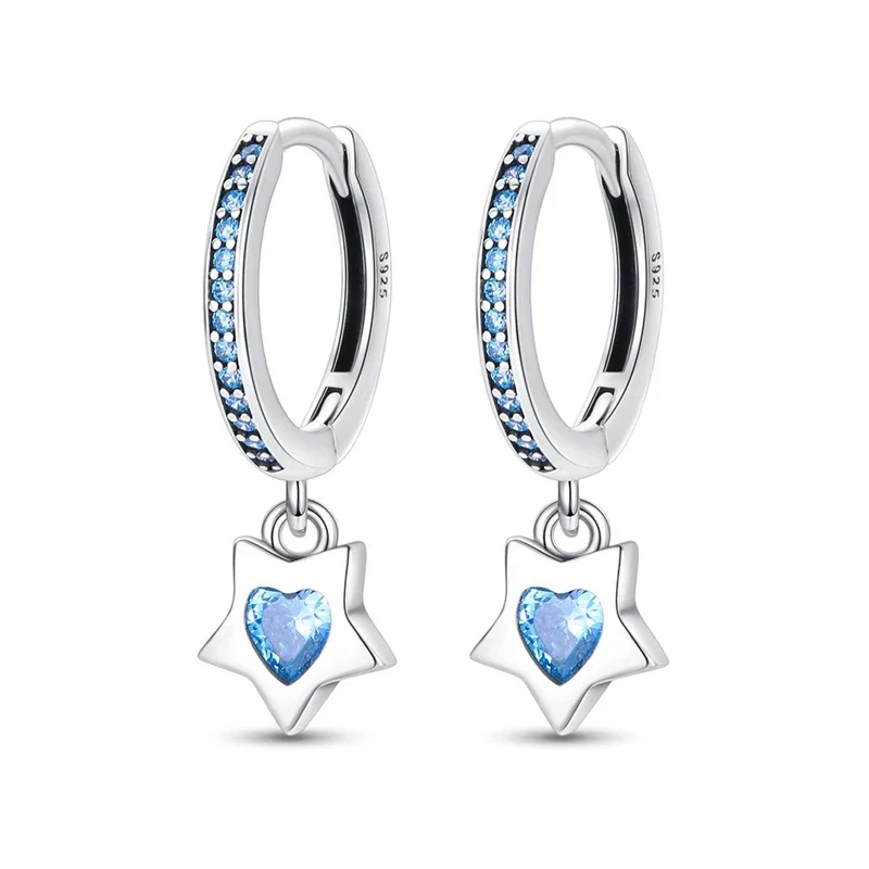 Sterling Silver Heart Star Drop Earrings with Blue Accents