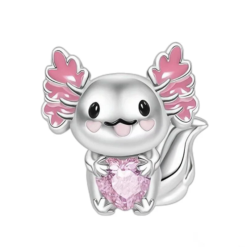 Sterling Silver Axolotl Charm with Pink Heart