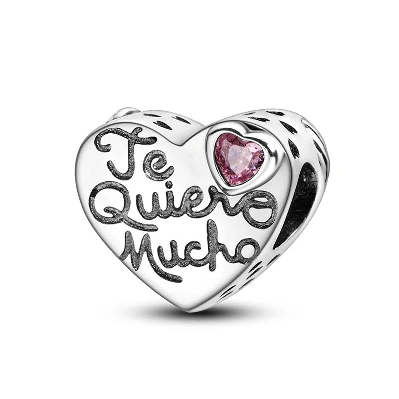 Sterling Silver "Te Quiero Mucho" Heart Charm with Pink Gem