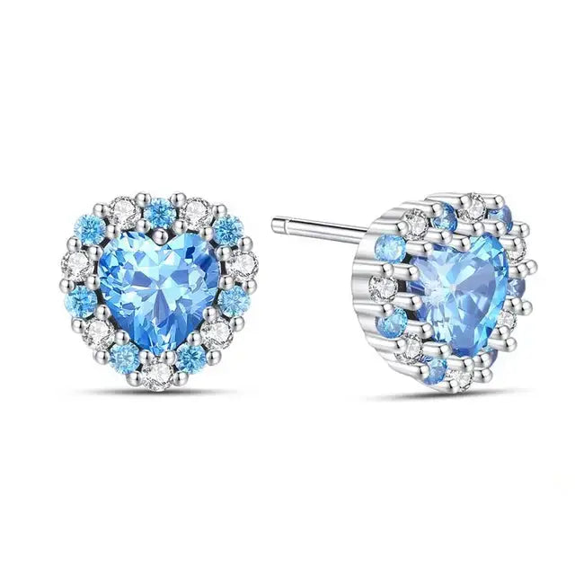 Dazzling Blue Heart Crystal Stud Earrings with Halo