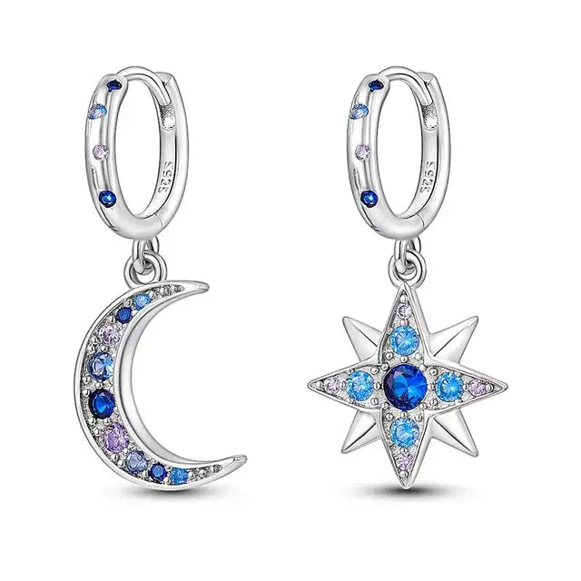 Silver Moon and Star Dangle Earrings with Blue Crystals