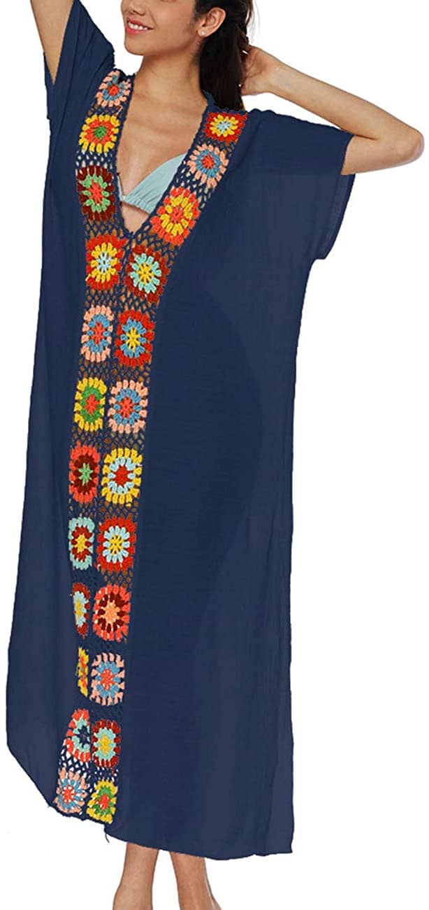 Floral V Neck Bathing Suit Cover Up Short Sleeve Beach Dress