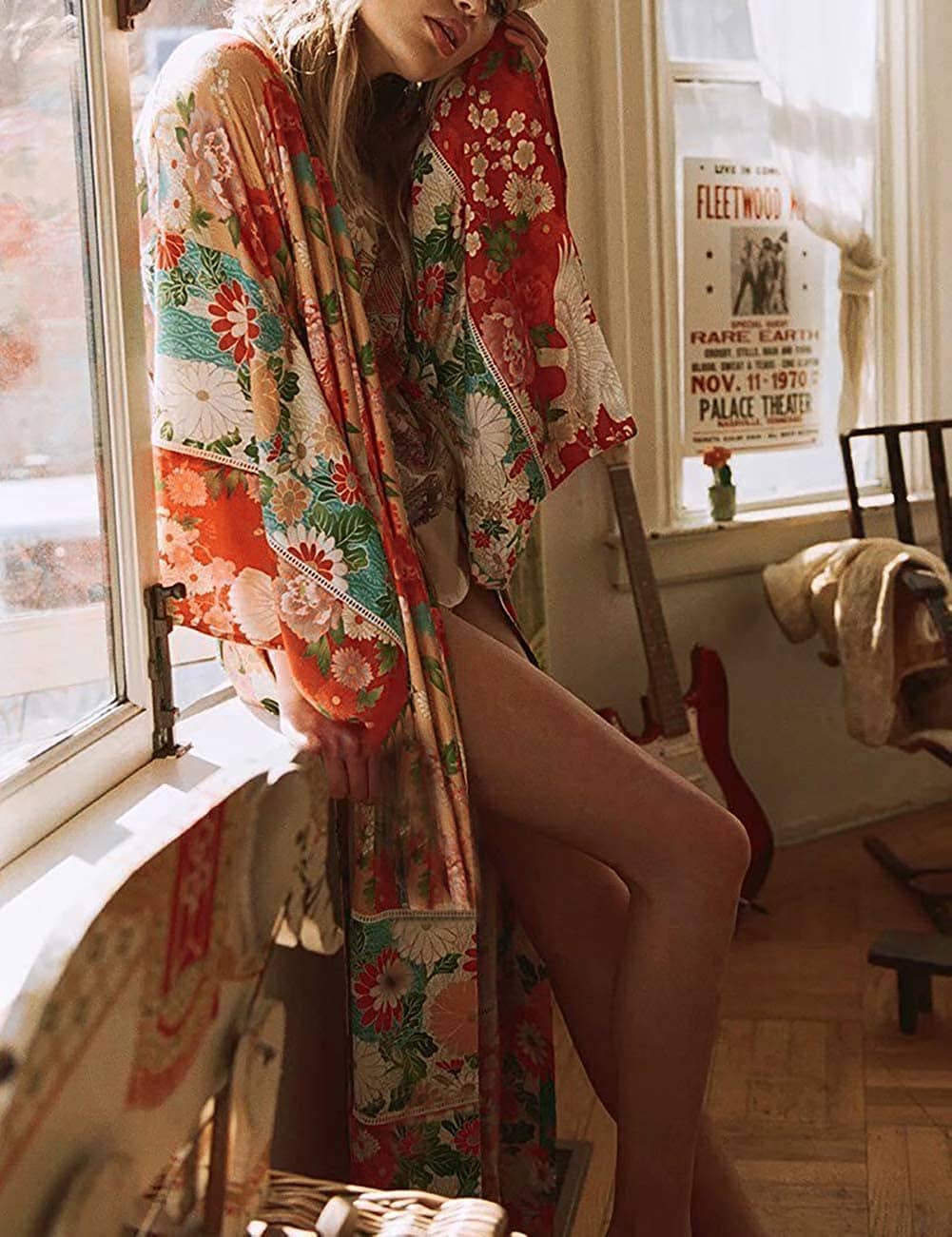 Long Sleeve Open Front Beachwear Print Loose Swimsuit Cover Up