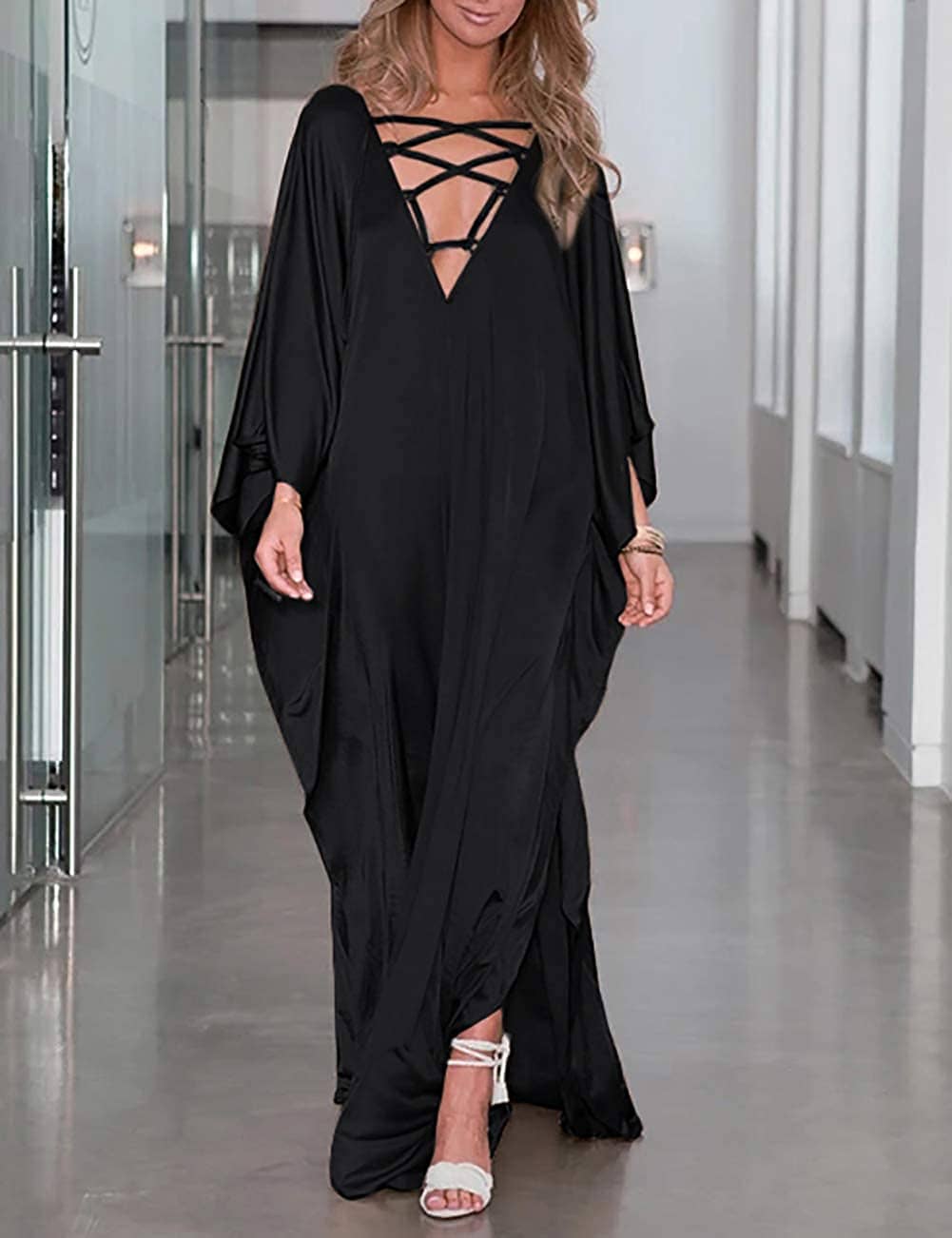 V Neck Batwing Sleeve Satin Kaftan