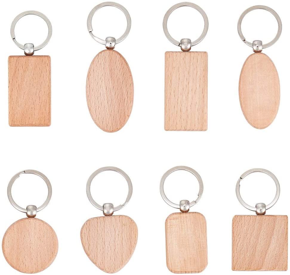 Unfinished Natural Wooden Keychain - Round, Square, Heart, Oval (8 Pcs, Random Shipping)