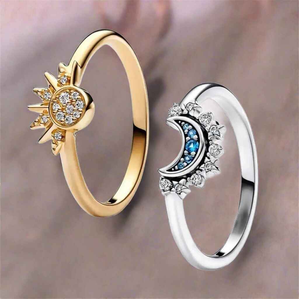 Celestial Sparkling  Moon and Sun Ring Set, Silver Band Ring For Women, Cocktail Rings For Ladies