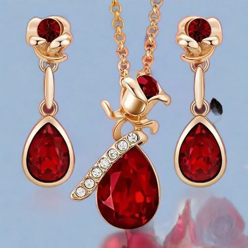 Luxury Fashion For Women, Ruby Rose Flower, Droplet Shape Pendant , Women Necklace Earrings Set