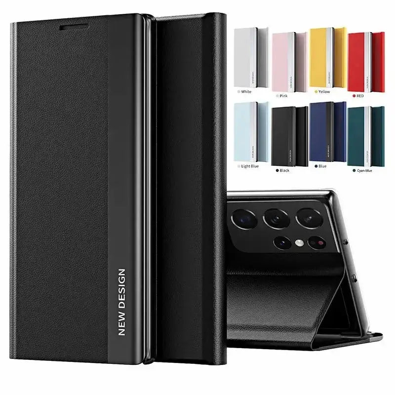 Leather Flip Case For Samsung S23 Ultra S24 S22 S21 S20 Ultra Plus S23 S21 S20 FE S10 Note 20 Ultra 10 Plus with Built-In Kickstand