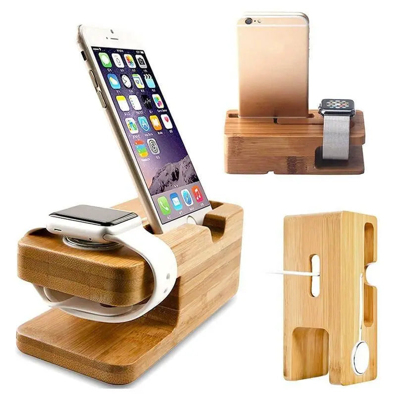 Cell Phone Docking Station Stand Bamboo Base Charger Holder For Apple Watch