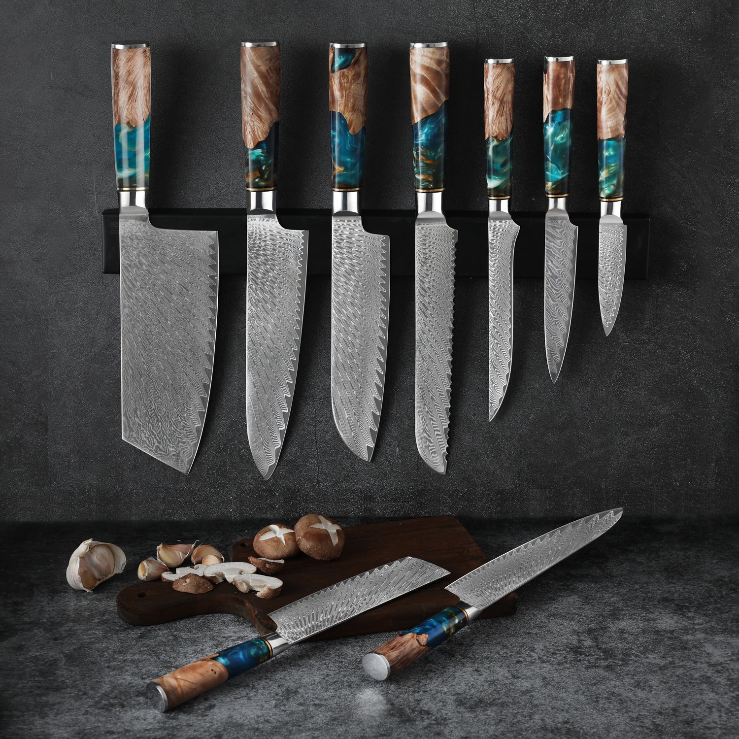 ARTIDGE Damascus Kitchen Knives, Each Blade with Chinese VG-10 Super 67-layer Damascus Steel, Hardness Reaches 62+HRC, Ergonomic Blue Resin Wooden Handle & Gift Box-Pure Series