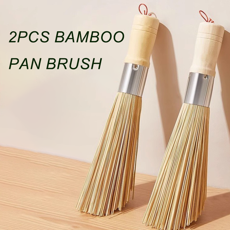 2 Pack Natural Bamboo Wok Brushes Kitchen Cleaning Brush, Bamboo Kitchen pan Brush, for Cleaning Dishes, Cast Iron Pots, Pans, Vegetables and Sink