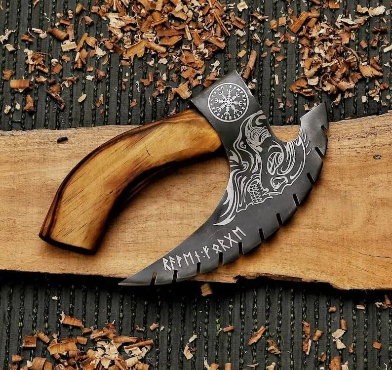 Hand Forged High Carbon Steel Etched Pizza Axe With Leather Sheat