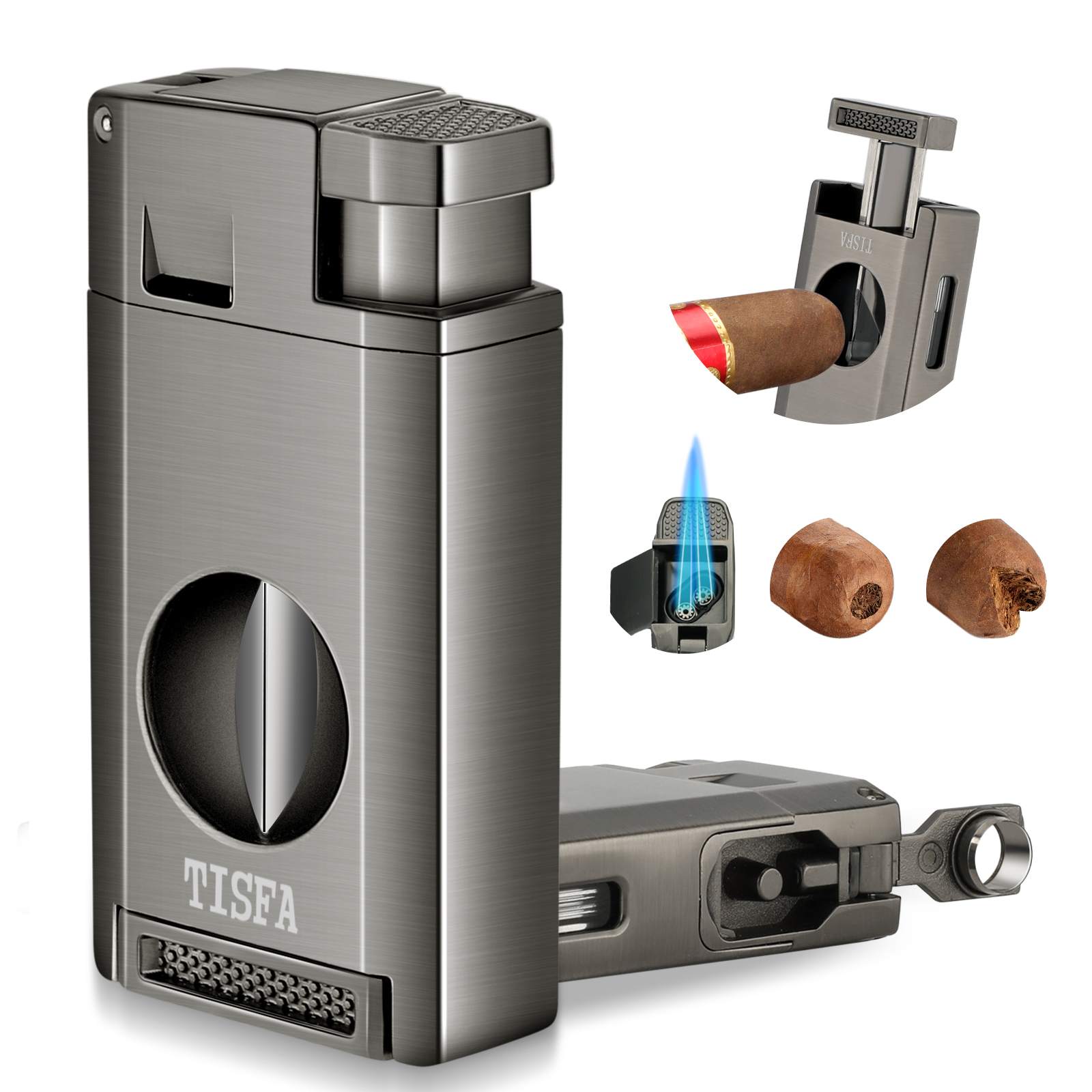 TISFA Torch Lighter with Cigar Cutter V Cut, Cigar Punch, Double Jet Flame Cigar Lighter, Refillable Butane Lighter, Cool Windproof Lighter for Smoking