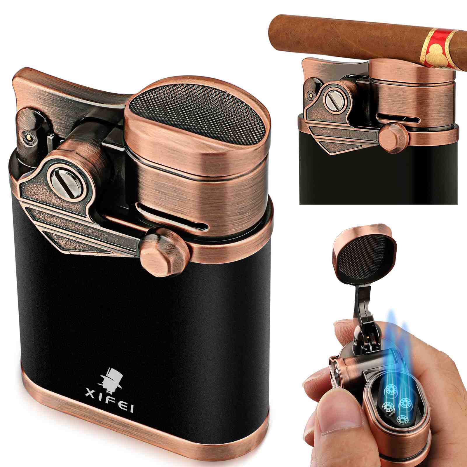 XIFEI 4 Jet Flame Torch Lighter with Cigar Stand, Windproof Rocker Lighter with Adjustable Flame, Refillable Butane Lighter for Smoking