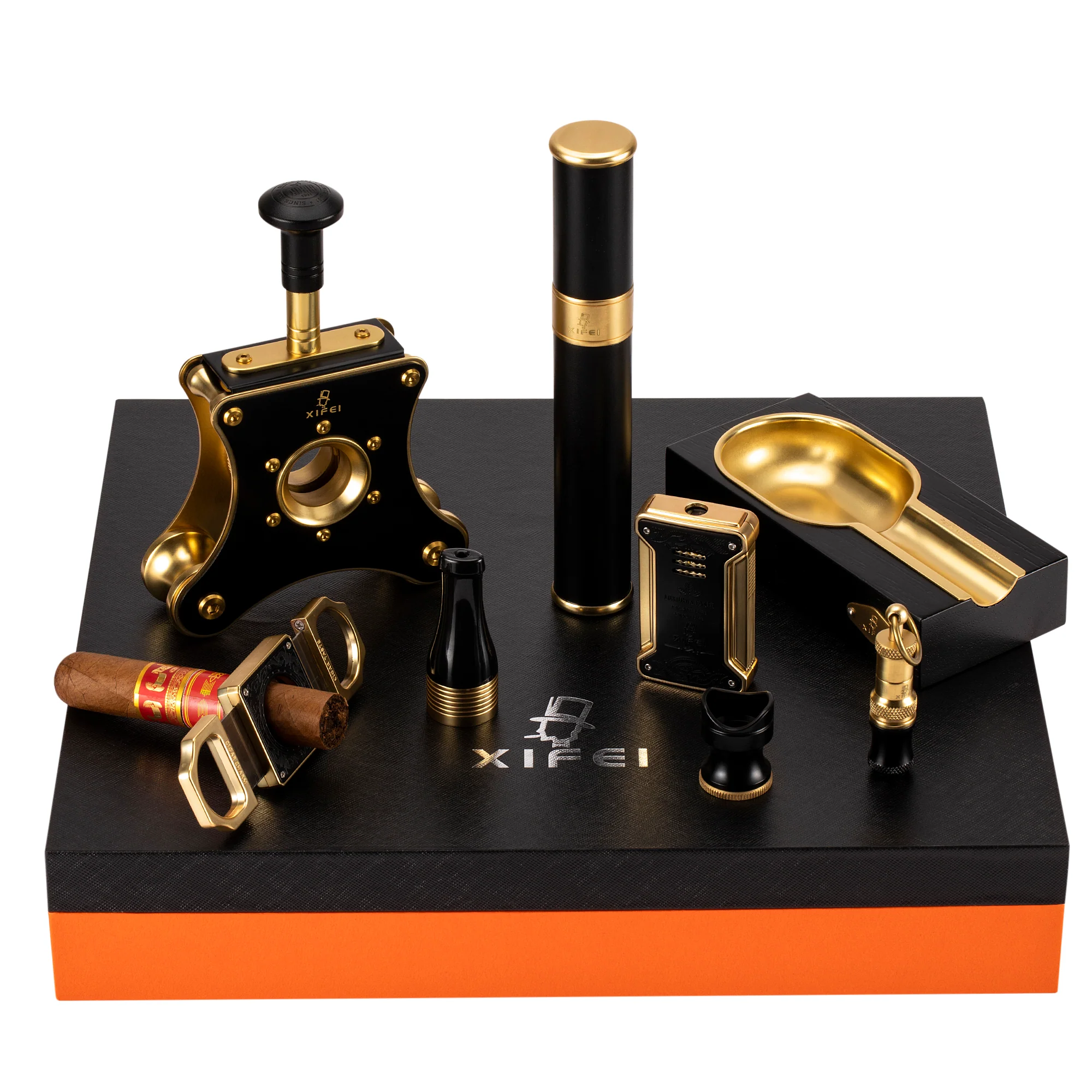 XIFEI Luxury Cigar Accessories Set 8 Pieces Cigar Cutter/Cigar Punch/Ashtray/Cigar tube/Cigar Lighter/Cigar Stand Smoking Gift Set