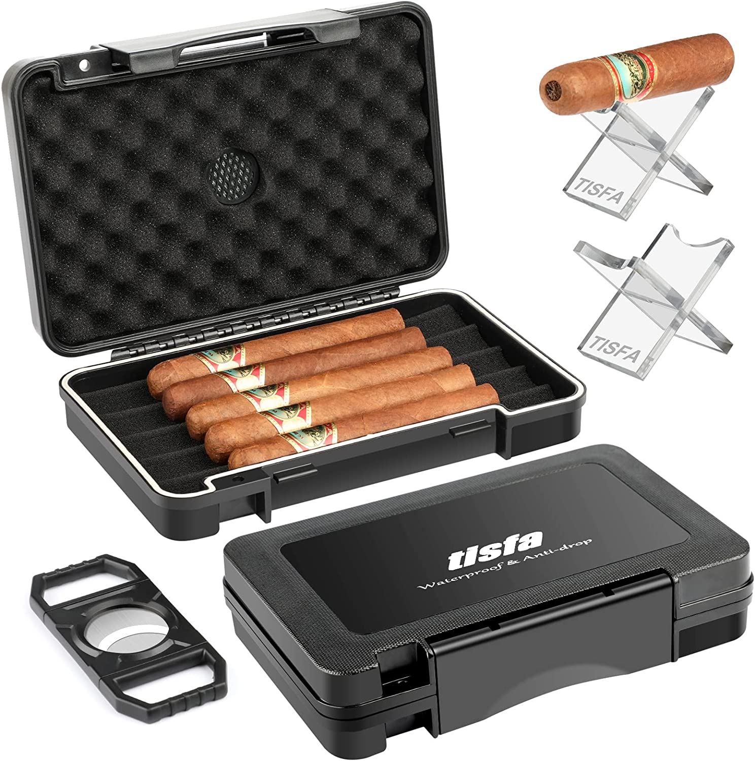 TISFA Cigar Travel Humidor Case with Cigar Cutter and Cigar Stand, Portable Cigar Humidor, Waterproof Cigar Box Holds up to 5 Cigars - Cigars Gift Set for Men