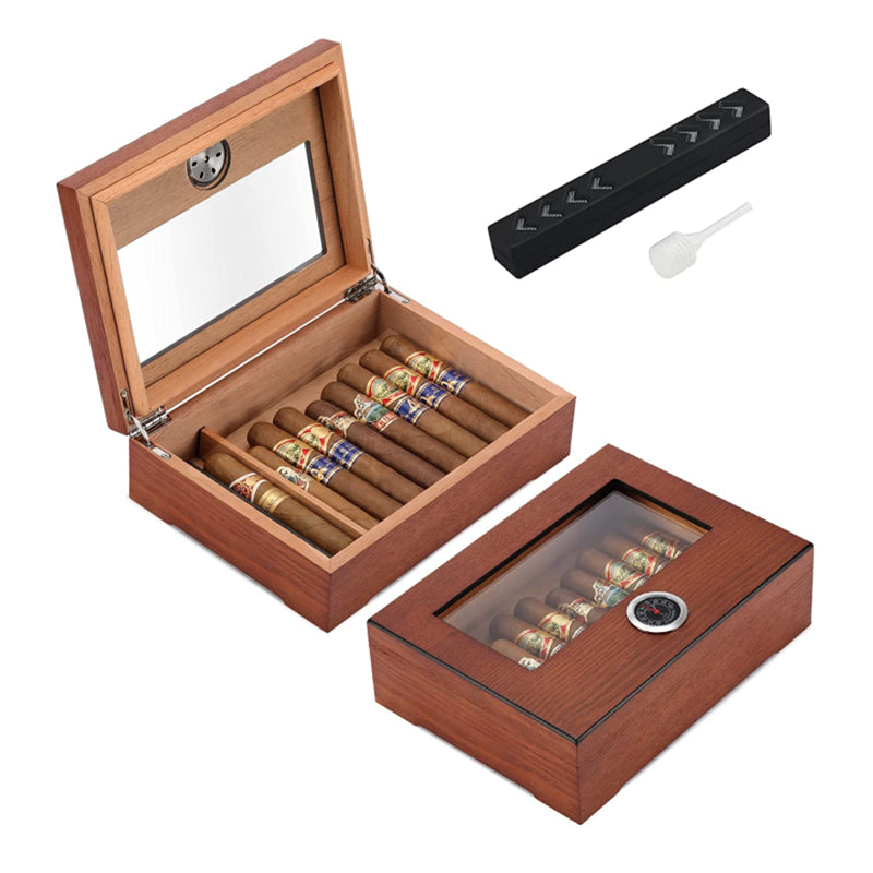 TISFA Cigar Humidor, Glass Top Cigar Box with Hygrometer Humidifier and Divider, Desktop Cedar Wood Storage Case Holds 20-30 Cigars