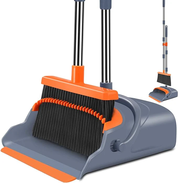 Meland Upgrade Broom and Dustpan Set, Self-Cleaning with Dustpan Teeth, Indoor&Outdoor Sweeping, Ideal for Dog Cat Pets Home Use, Stand Up Broom and Dustpan (Gray&Orange)