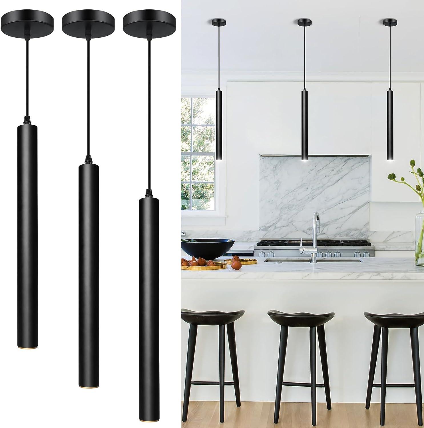 OKELI Pendant Lights Kitchen Island, Modern Black Pendant Light Fixture, LED Minimalist Strip Pendant Lighting, 3Pack