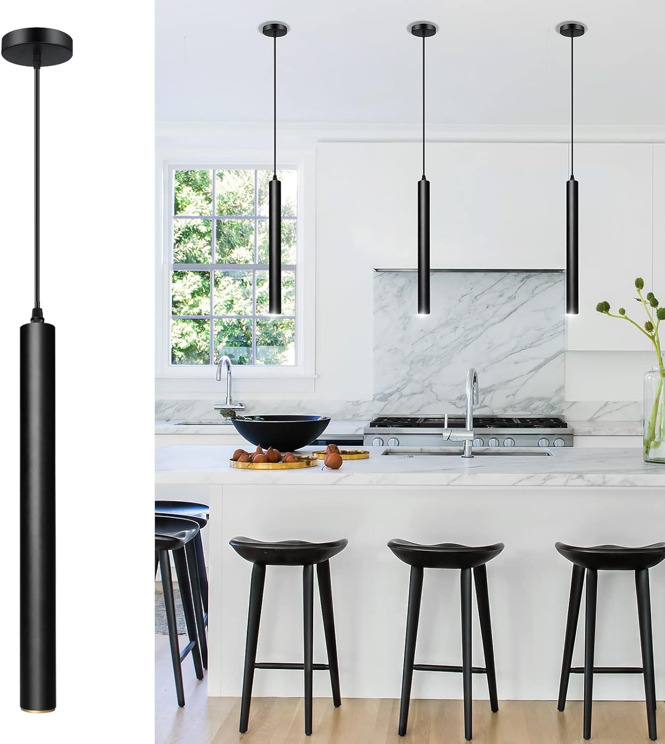OKELI Pendant Lights Black LED Minimalist Kitchen Island Fixture, 1 Pack