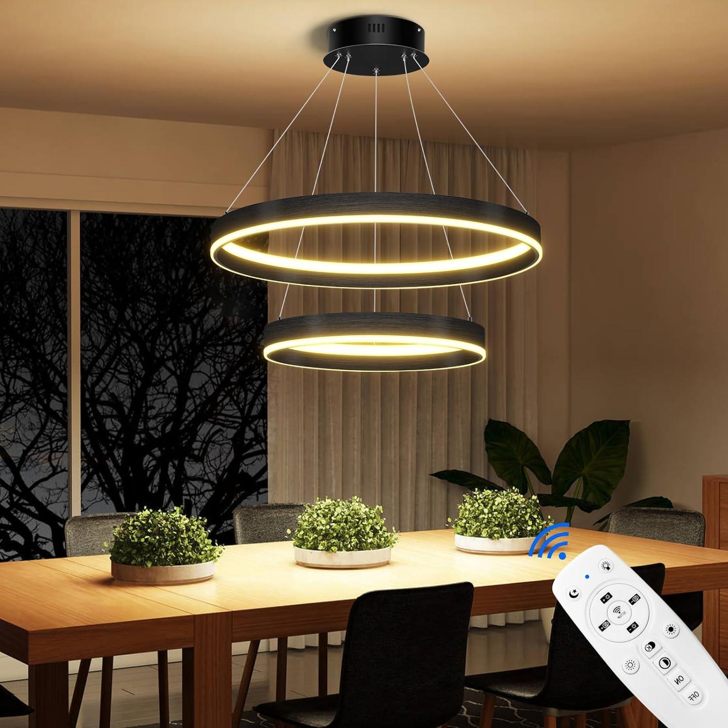 OKELI Modern LED Black Chandelier,Dimmable Circular Pendant Lights 2-Rings