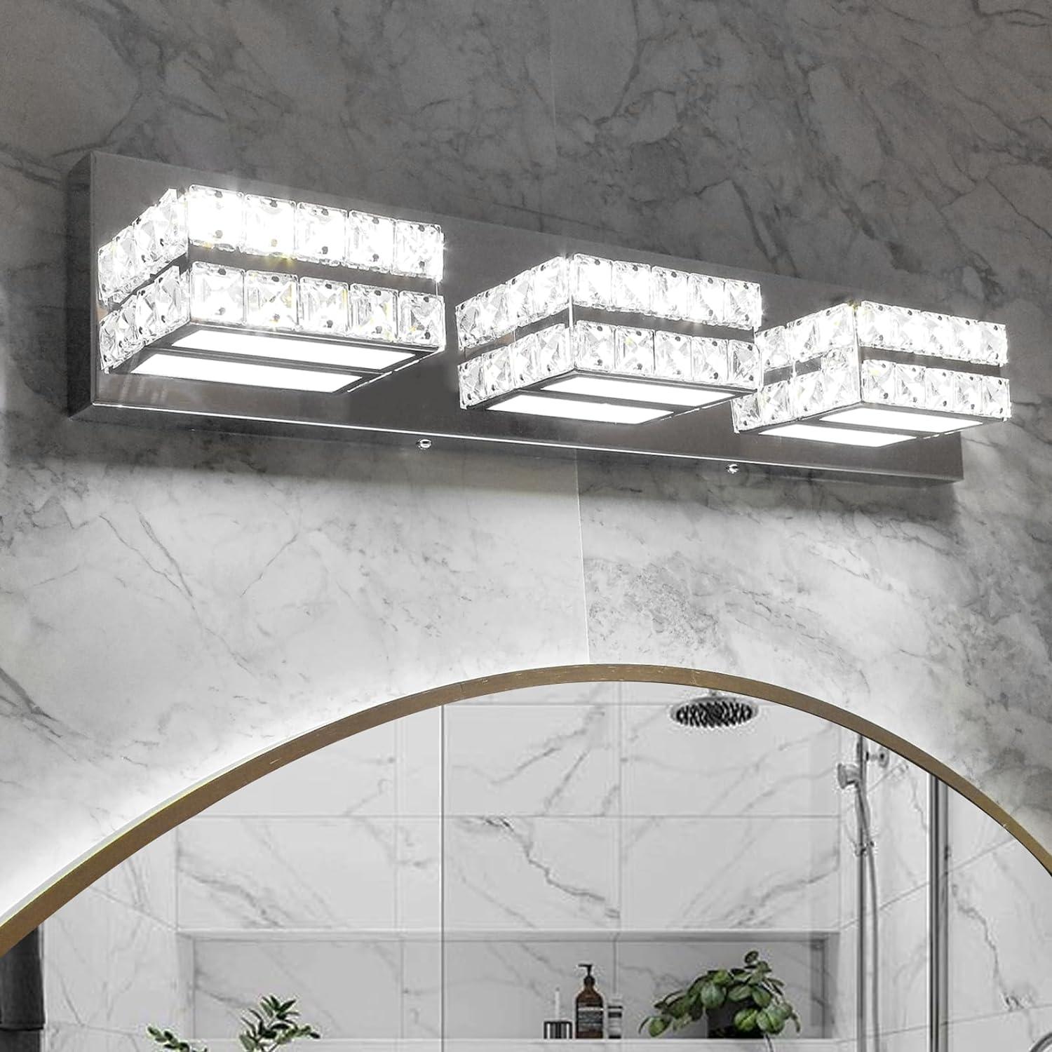 OKELI 3-Light Bathroom Vanity Light Crystal Dimmable LED Modern Fixtures Chrome Vanity Lights