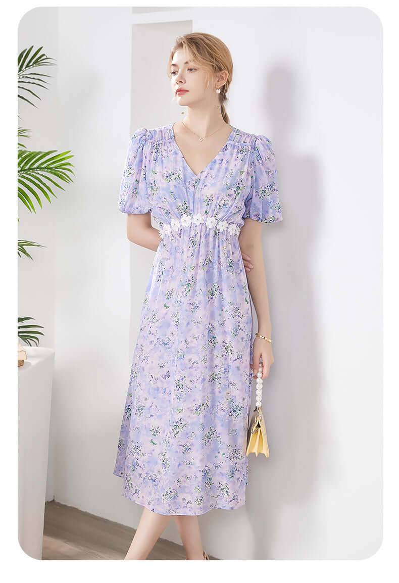 Lavender Floral Mulberry Silk Dress