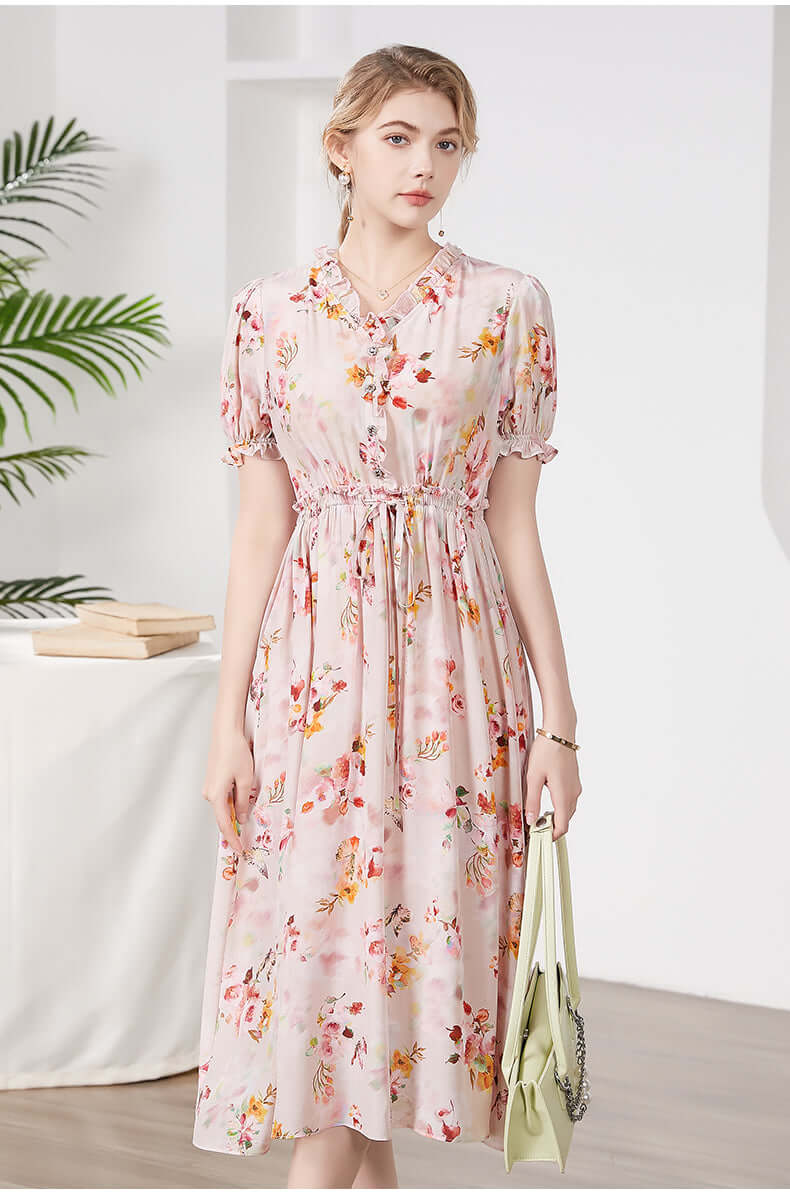 V-neck Floral Silk Dress