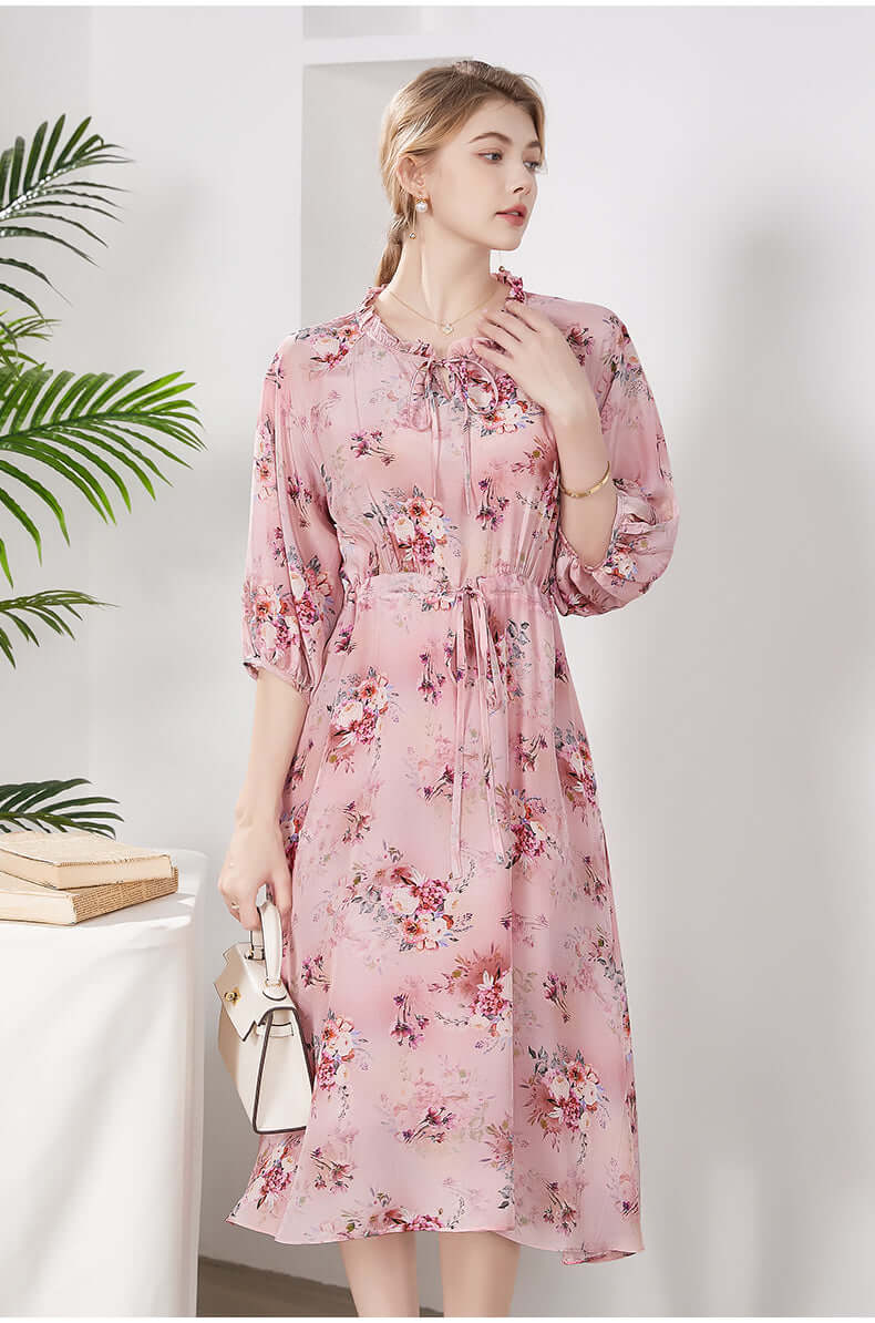 Ribbon Floral Mulberry Silk Dress