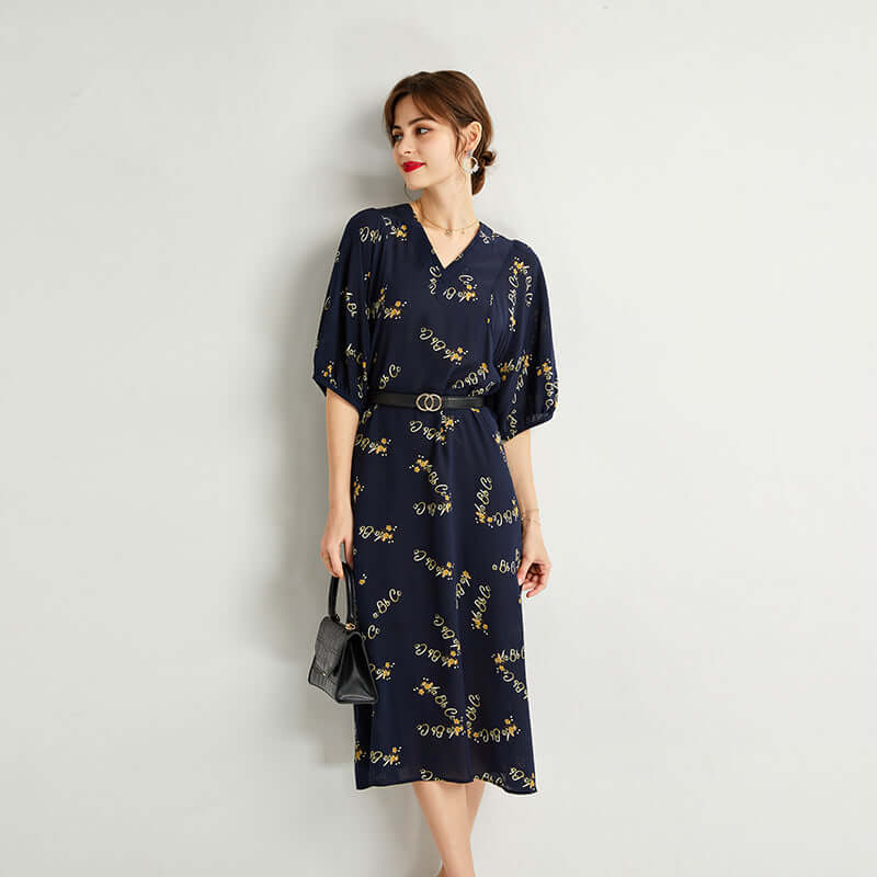 Navy Blue Floral Mulberry Silk Dress