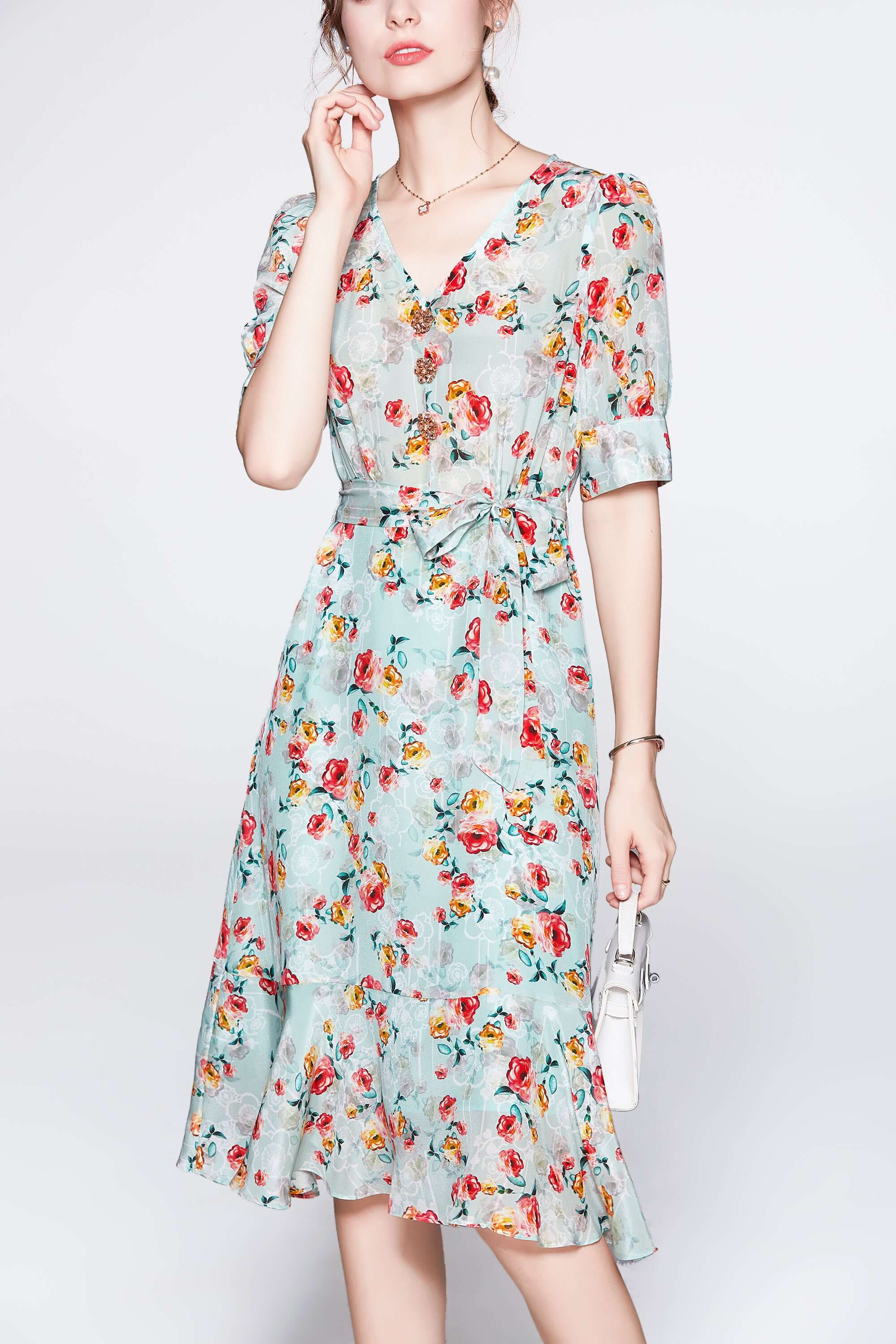 V-neck Floral Mulberry Silk Dress