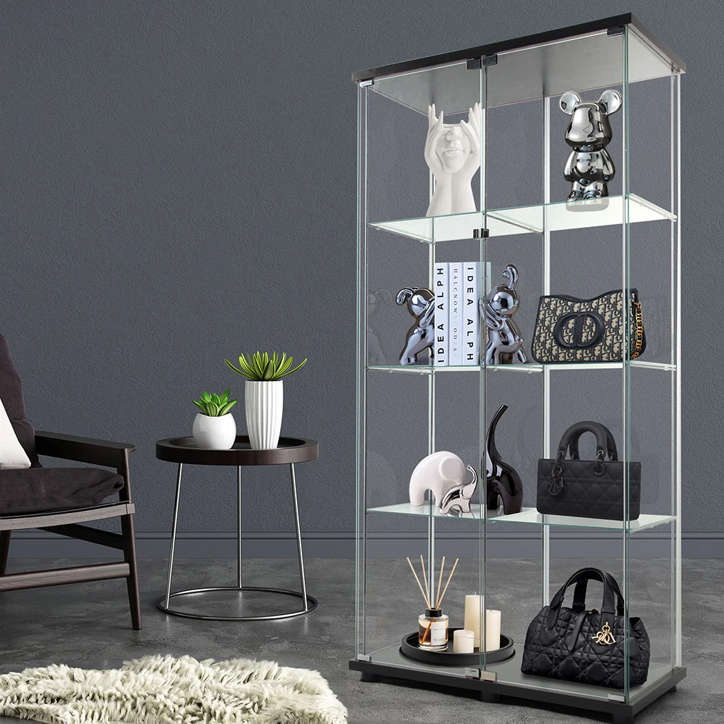 Stacked 2 Doors Glass Display Cabinet Collections Storage - Black