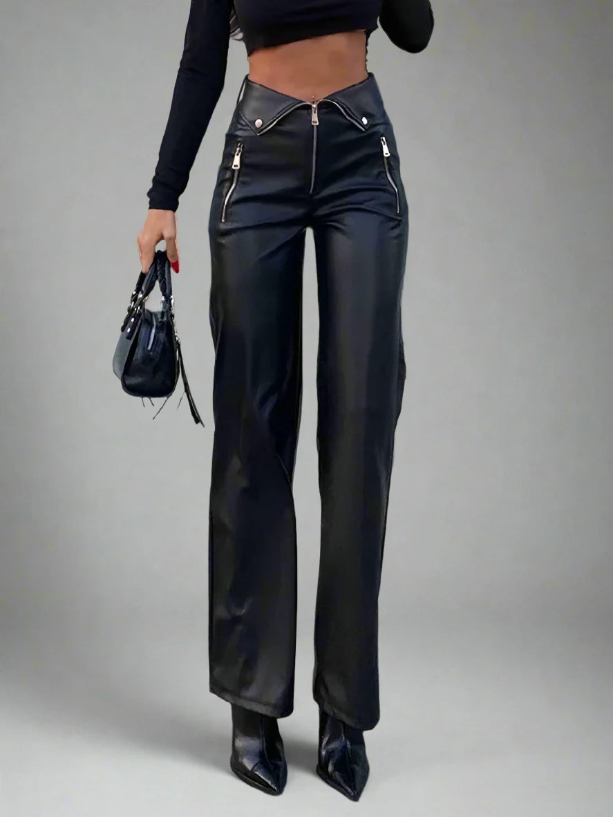 PU Faux Leather High Waist Straight Legged Trousers