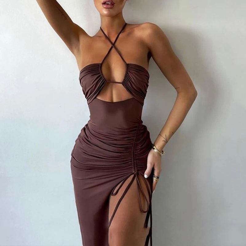 Sexy Hollow Out Lace-up Halter Bodycon Split Maxi Dress