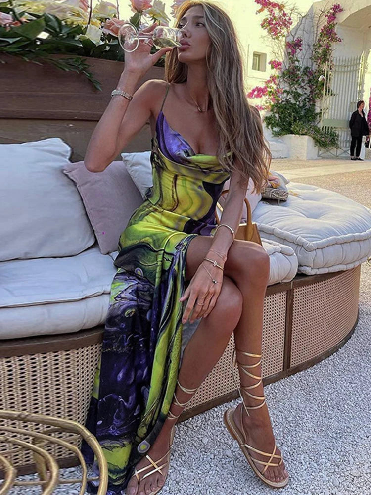 Y2K Tie Dye Print Backless Side Slit Bodycon Maxi Dress