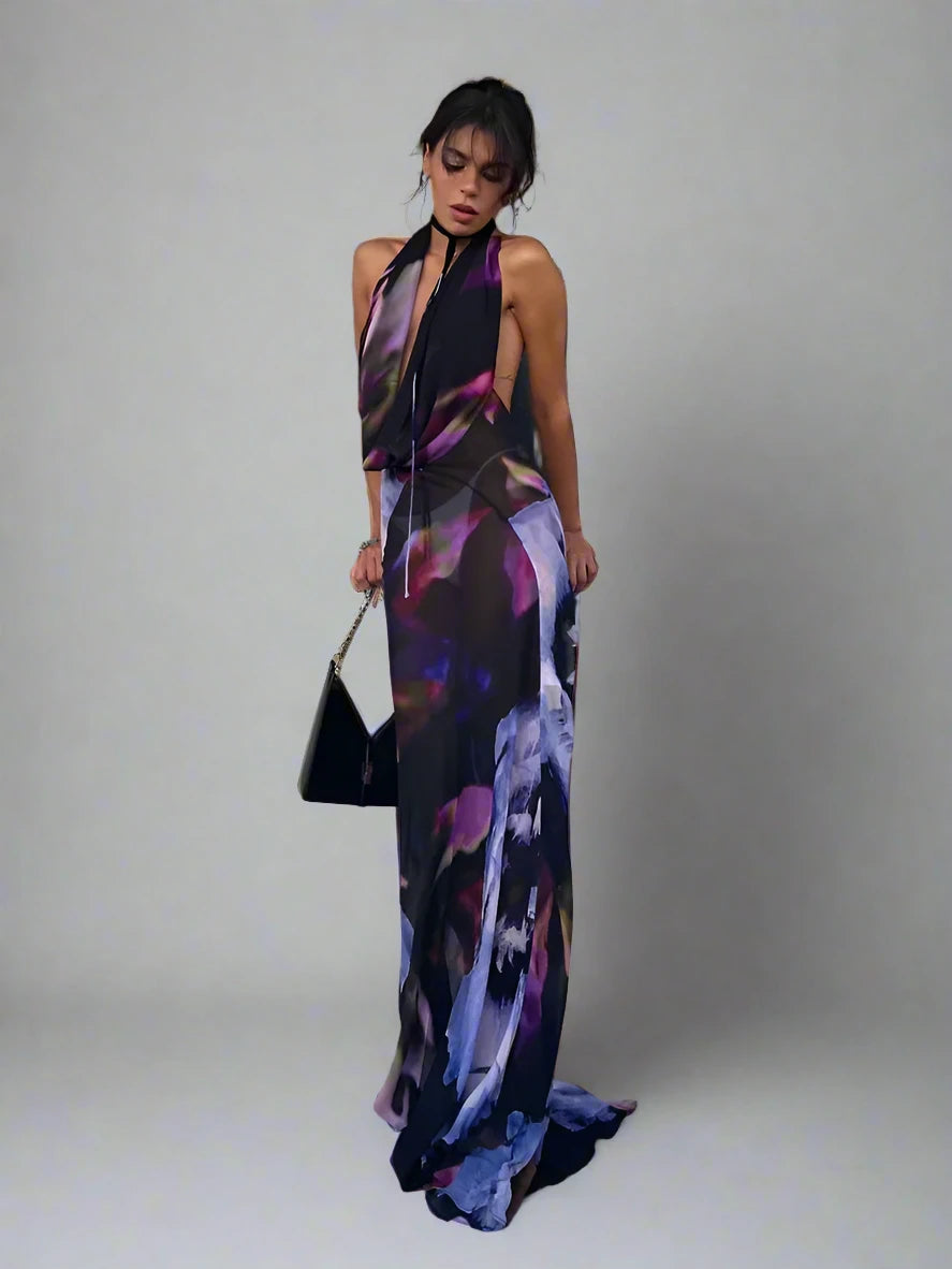 Elegant Sleeveless Backless Purple Print Halter Bodycon Maxi Dress