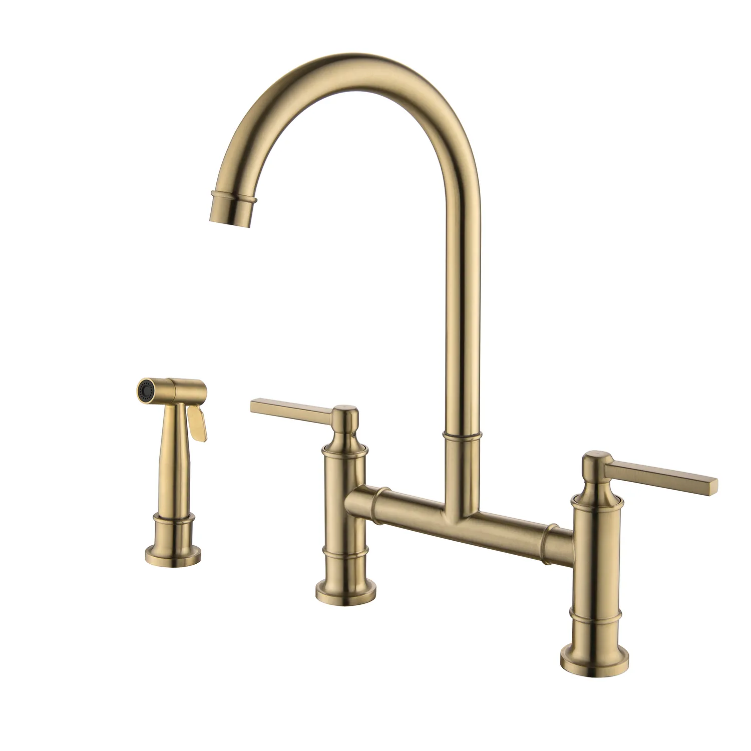 2-Handle Bridge Kitchen Faucet with Side Sprayer in Brushed Gold