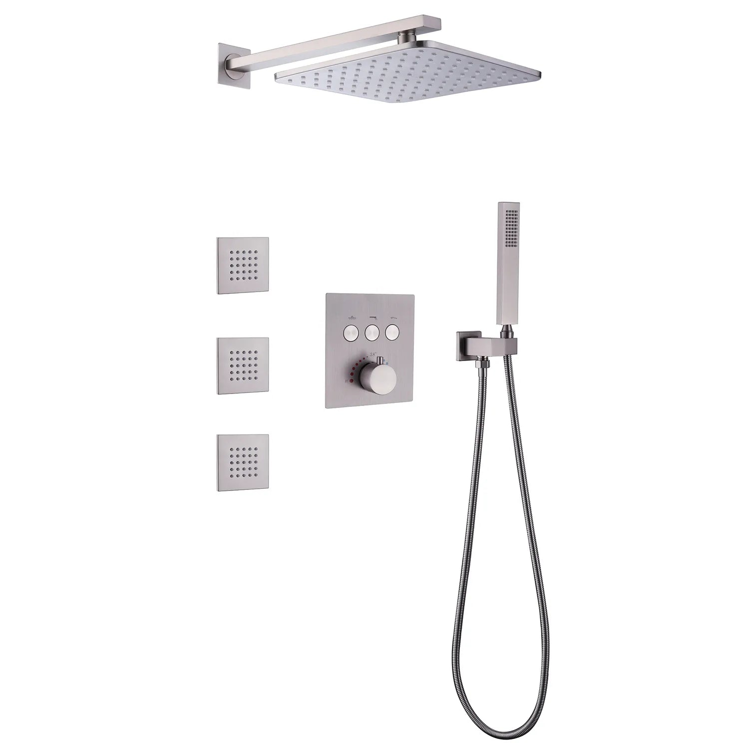 Thermostatic Shower System with Rain Shower Head,Handheld Shower Head and 3 Body Jets Brushed Nickel Brushed Gold