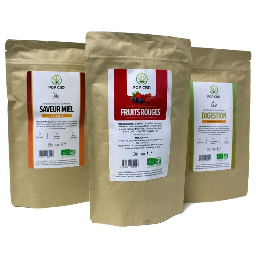 Pack 3 Infusions Bio Rooibos Détente, Fruits Rouges, Digestion, au Chanvre CBD