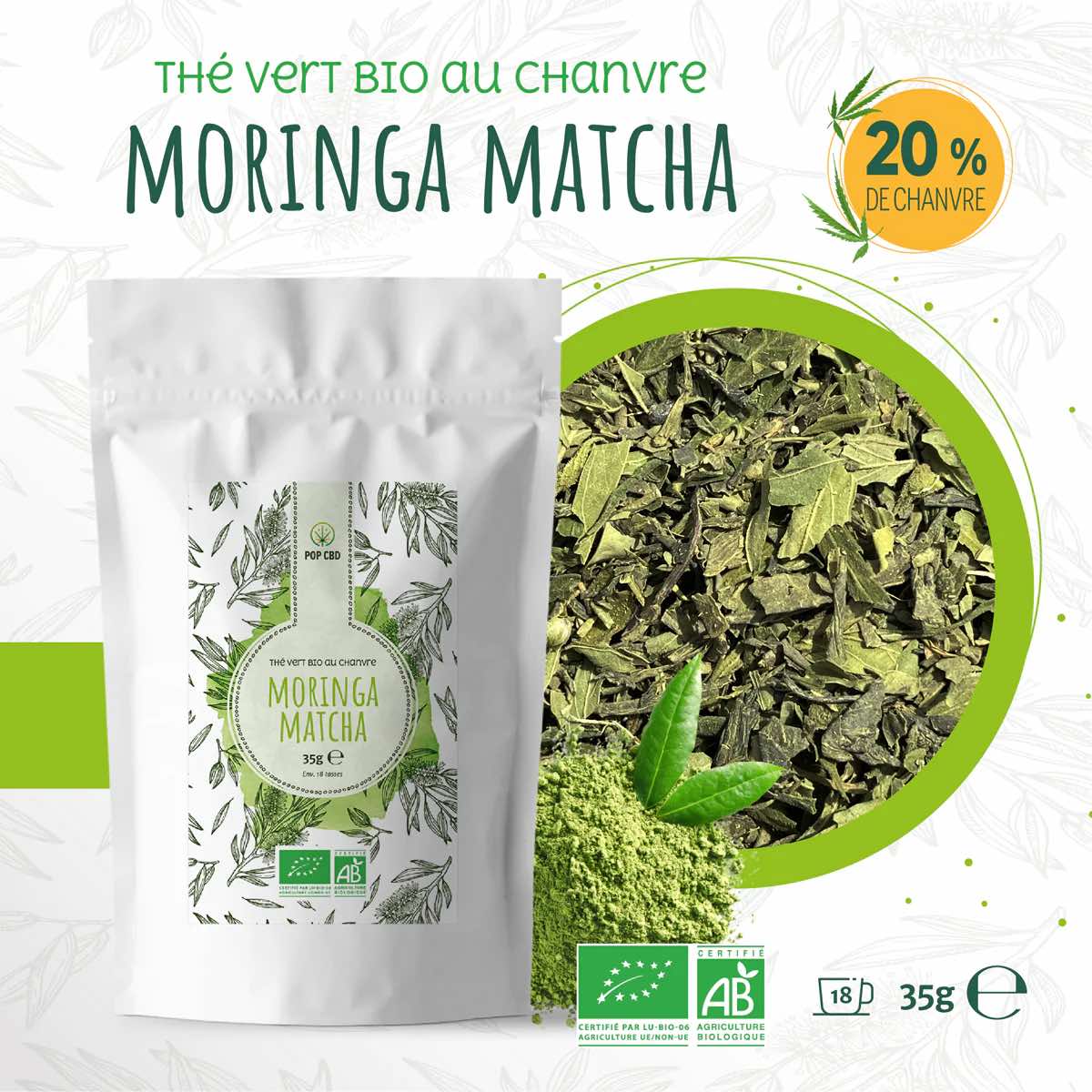 Thé Vert Bio Moringa Matcha, au Chanvre CBD