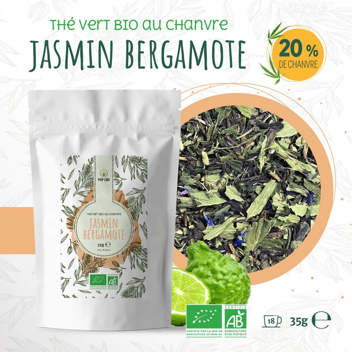 Thé Vert Bio Jasmin Bergamote, au Chanvre CBD