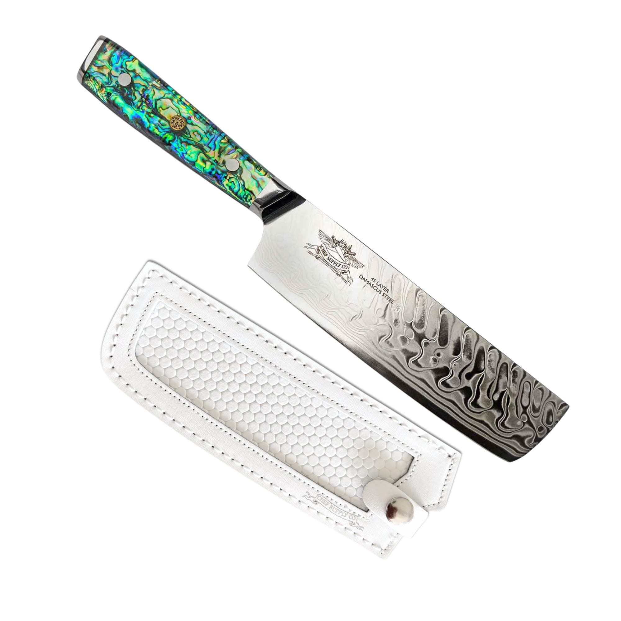 Sea Creature Series 18 cm - 7 inch Nakiri Vegetable Knife. 45 Layer AUS-10 Damascus, Resin Handle & Sheath