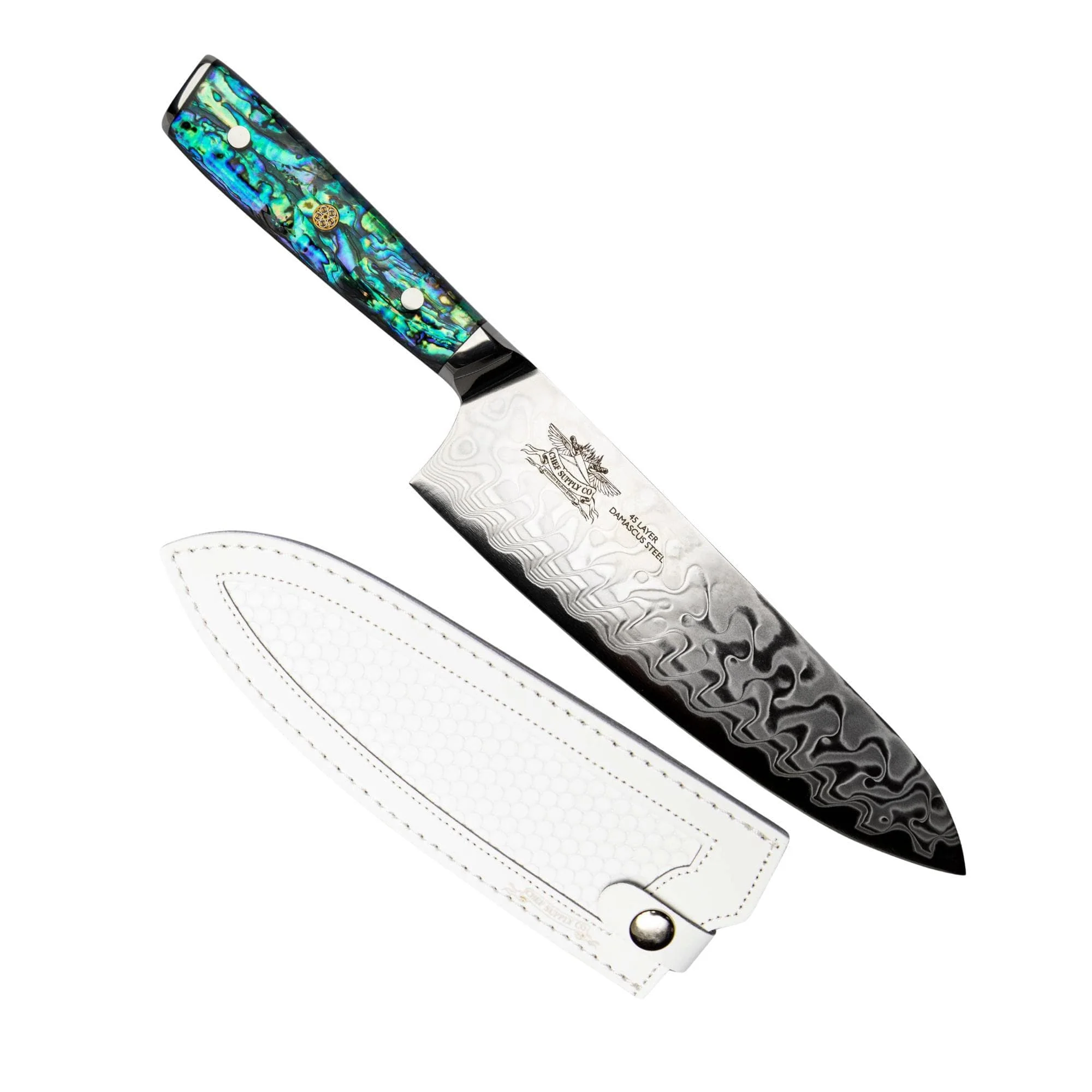 Sea Creature Series. 8.25" - 21 cm, 45 Layer AUS-10 Damascus Chef Knife, Resin Handle & White Leather Sheath